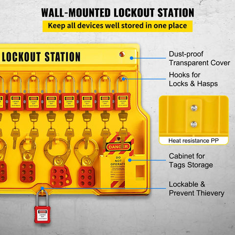 58 Piece Lockout Tagout Kit For Rock Solid Electrical Safety Featuring Industrial Station Padlocks Hasps Warning Tags Zip Ties Works Like A Charm For Heavy Duty Factory And Plant Projects wall-mounted lockout station with transparent cover and hooks for locks and tags.