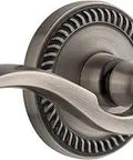 Antique Pewter Newport Rosette With Left Handed Bellagio Lever Passage Door Leverset, close-up of vintage design