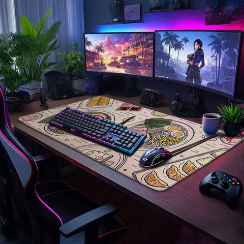Japanese Ramen Themed XXL Gaming Mouse Pad 31.5 By 15.7 Inches With Illustrated Food Pattern Non Slip Rubber Base on desk setup
