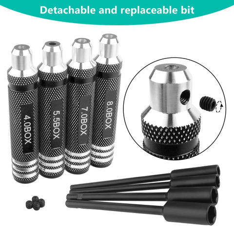 RC Nut Driver Set With Titanium Coated Tips For Hobby Drones Quadcopters Cars And Planes Four Size Hex Wrenches 4.0mm 5.5mm 7.0mm 8.0mm Durable High Speed Steel Tools For Precise Repairs shown with detachable bits