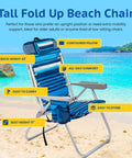 Folding Tall Backpack Beach Chair With Five Positions Towel Bar Cooler Storage Pouch Cup Holder And Phone Holder in blue.