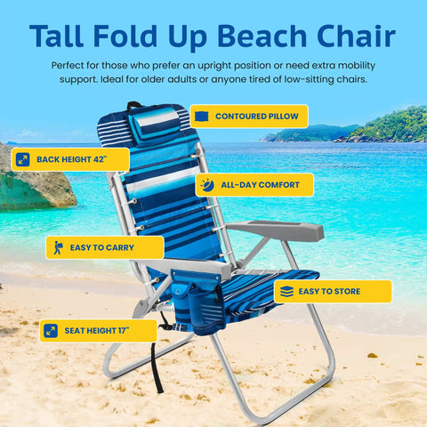 Folding Tall Backpack Beach Chair With Five Positions Towel Bar Cooler Storage Pouch Cup Holder And Phone Holder in blue.