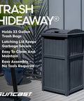 Hideaway Outdoor Trash Can With Lid, Resin Waste Container For Patio Garden Deck, placed on a deck with secure latching lid