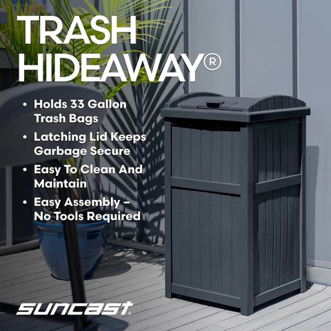 Hideaway Outdoor Trash Can With Lid, Resin Waste Container For Patio Garden Deck, placed on a deck with secure latching lid