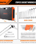 178 Piece Socket Wrench Set With Quick Release Ratchet Includes One Quarter Inch, Three Eighths Inch, One Half Inch Sockets, CRV High Carbon Steel, Extension Bar, Bit Sockets, For Auto Repair, Home, Garage, And Workshop, Durable Toolbox displayed in black and orange case with wrench set and extension bars