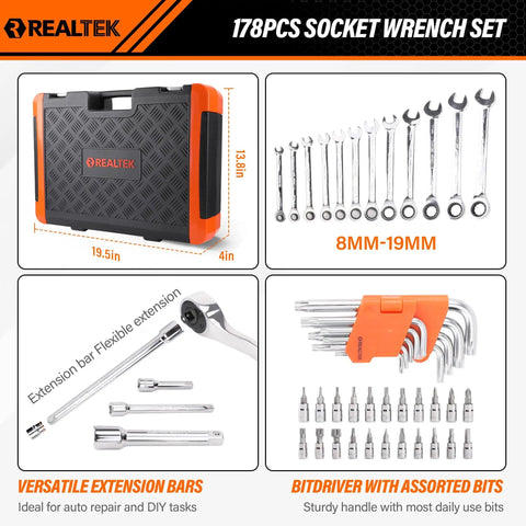 178 Piece Socket Wrench Set With Quick Release Ratchet Includes One Quarter Inch, Three Eighths Inch, One Half Inch Sockets, CRV High Carbon Steel, Extension Bar, Bit Sockets, For Auto Repair, Home, Garage, And Workshop, Durable Toolbox displayed in black and orange case with wrench set and extension bars