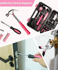Pink Tool Set For Women With 50-Piece All-In-One Hand Tool Kit for home repairs, showing hammer, screwdriver, pliers, and storage case.