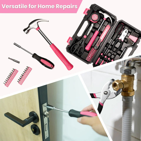 Pink Tool Set For Women With 50-Piece All-In-One Hand Tool Kit for home repairs, showing hammer, screwdriver, pliers, and storage case.