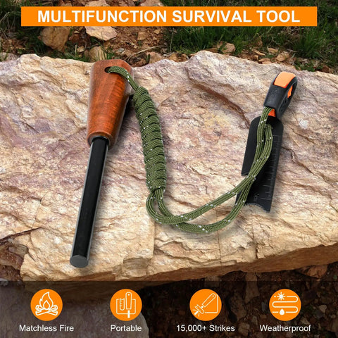 Survival Prepper Grade Fire Starter Kit With Handmade Wooden Handle Ferro Rod Three Eighths Inch Striker on Rock