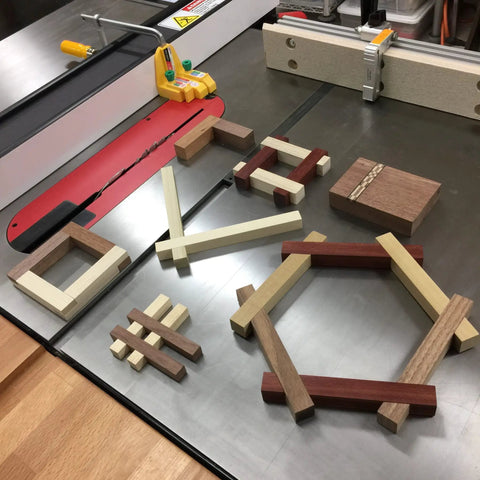 Matchfit DS-333 Dado Stop For Table Saws, Fast And Precise Dados With Any Blade, yellow accessory with wood joinery samples on table saw.
