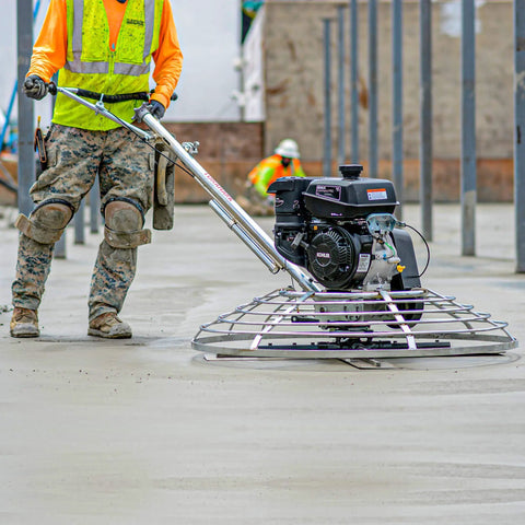 46-Inch Gas Concrete Wet Power Trowel With Kohler 14HP CH440 Engine, Includes Blades And Float Pan, Adjustable Blade Pitch 0-28 Degrees, Close-Wall Edge Work With Independent Flywheels, 3-Year Warranty, A Real Workhorse on concrete slab