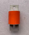 Heavy Duty Cartridge Fuse Rated At 500VDC And 550A For Semiconductor Gear Rail Transit Arrays And Photovoltaic Energy Storage Solutions top view of the orange fuse with metal terminals