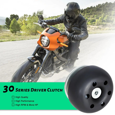 Motorcycle rider beside 30 Series Torque Converter Driver Clutch Kit For Go Karts And Mini Bikes Three Quarter Inch Shaft