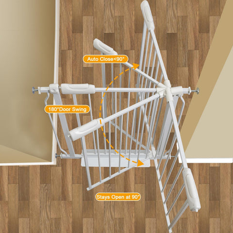 Top view of Extra Wide Baby Gate With Auto Close Pressure Mounted Walk Through Pet Gate For Doorways And Stairs White Metal Large 66.9 To 71.6 Inches showing 180° door swing and auto-close feature