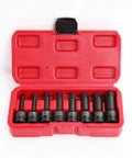 1/2 Inch Drive Impact Socket Hex Bits 8 Piece SAE Set Long 3 Inch Bits With Beefy One Piece Construction in red blow mold case