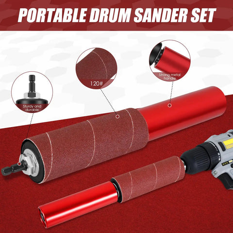 Handheld Spindle Sander Kit With 120 Grit Sandpaper Sleeves, showcasing a portable drum sander set with aluminum body and sandpaper.