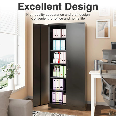 Heavy Duty Steel Storage Cabinet Double Doors Five Adjustable Shelves Tall Black Locking Metal Locker Built Like A Tank Badass Organizer For Garage And Workspace