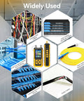 All In One Network Cable Tester With Optical Power Meter And VFL For Tech Pros, Nine Core Functions Like Cable Continuity, Length Measurement, POE Power Testing, Cable Scanning, Port Flashing, NVC Functionality And More. handheld network cable tester set with Ethernet, fiber optic, and faulty cable examples