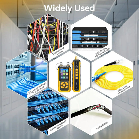 All In One Network Cable Tester With Optical Power Meter And VFL For Tech Pros, Nine Core Functions Like Cable Continuity, Length Measurement, POE Power Testing, Cable Scanning, Port Flashing, NVC Functionality And More. handheld network cable tester set with Ethernet, fiber optic, and faulty cable examples