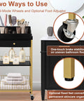 Large Makeup Organizer Cart With Hair Tool Holder Rolling Vanity Cart On Wheels With Drawer 2 In 1 Modular System Cosmetic Display Case For Skin Care Perfume Nail Polish And Tools Gold And Black in a bathroom setting