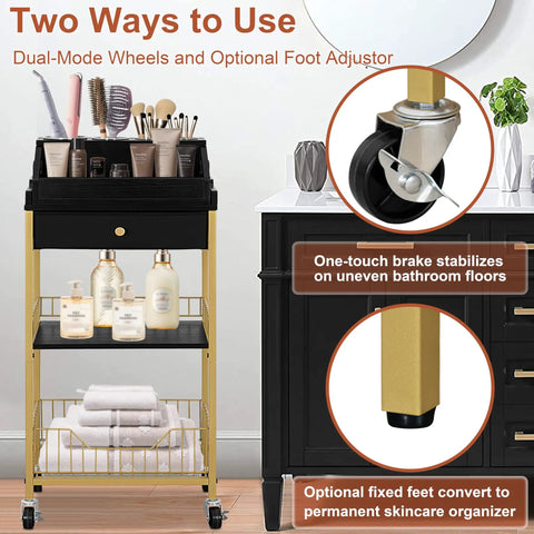 Large Makeup Organizer Cart With Hair Tool Holder Rolling Vanity Cart On Wheels With Drawer 2 In 1 Modular System Cosmetic Display Case For Skin Care Perfume Nail Polish And Tools Gold And Black in a bathroom setting