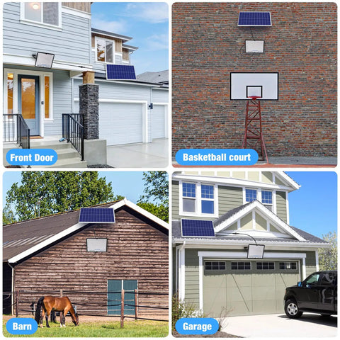 Crazy Bright 300W Solar Flood Light Kit With Dusk To Dawn Sensor 30000 Lumen installed on various outdoor locations