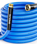 Close-up of SPECILITE blue 5/8-inch garden hose coil with brass fittings