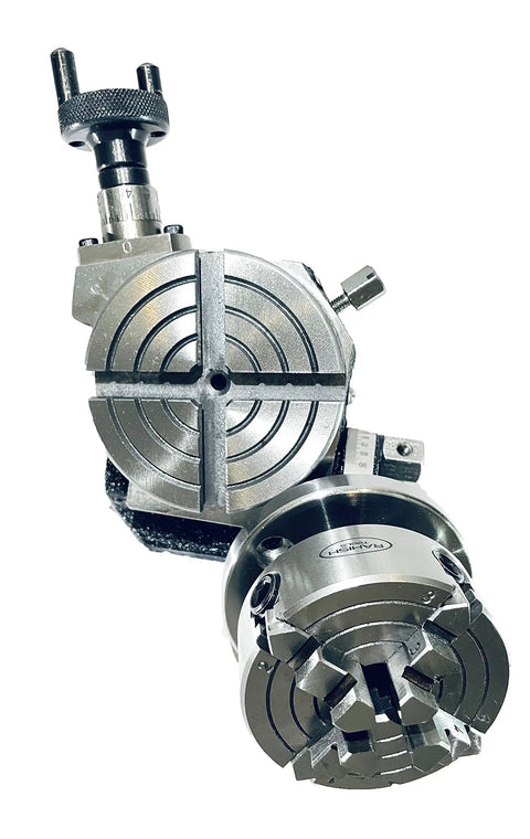 3 Inch Tilting Rotary Table Kit With 70mm 4 Jaw Independent Dog Chuck Back Plate And T Nuts For Milling Low Profile High Precision Mini Rotary System For Small Mills And Precision DIY Machining, tilted with 4-jaw chuck