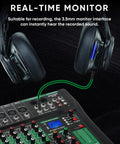 Real-time monitor on 8 Channel DJ Audio Mixer With Reverb And Bluetooth Pro Grade Studio Quality Sound Console, headphones connected