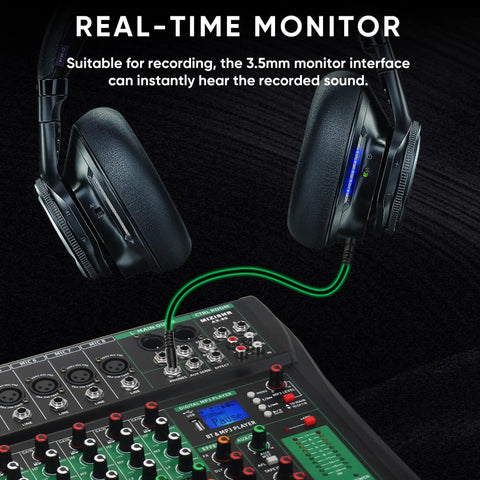 Real-time monitor on 8 Channel DJ Audio Mixer With Reverb And Bluetooth Pro Grade Studio Quality Sound Console, headphones connected
