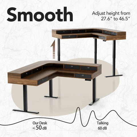 Top Shelf Badass Corner Electric Standing Desk With Spacious Storage Drawers And Clean Power Strip Tray Smooth Height Adjustable Gaming Table in walnut.