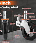 Set Of Four 8 Inch Workhorse Scaffolding Wheels With 1 3/8 Inch Solid Stem detail showing dimensions and rubber material.