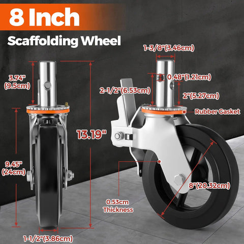 Set Of Four 8 Inch Workhorse Scaffolding Wheels With 1 3/8 Inch Solid Stem detail showing dimensions and rubber material.