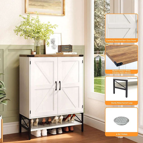 Farmhouse Style Shoe Cabinet With Two Barn Doors, 32 Inch Antique White Storage Organizer for Entryway and Closet