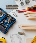 DIY tools and hardware including 12 Pack 90 Degree Flush Door Hinges For Small Boxes And Jewelry Boxes, screws, and wood pieces.