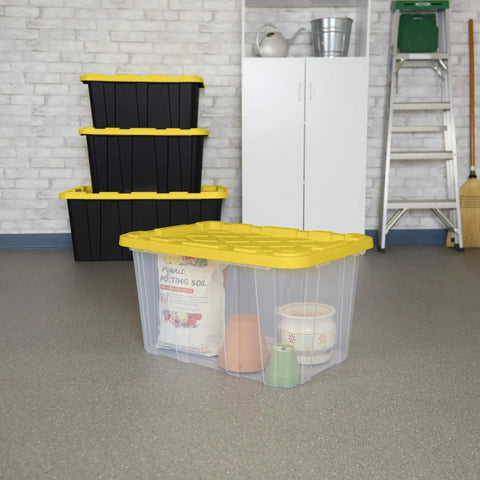 Tough As Nails 27 Gallon Plastic Storage Totes With Secure Locking Lids For Garage Organization 16 Pack in yellow, clear bins with lids.