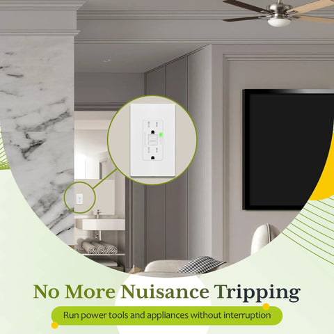 15 Amp GFCI Outlet with Self Test and LED Indicator Electrical Tamper Resistant Receptacle installed in a modern home.
