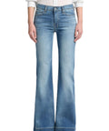 Tailorless Dojo Wide Leg Trouser Jeans For Women Distressed Authentic Light Wash Size 27 shown front view, white blouse.
