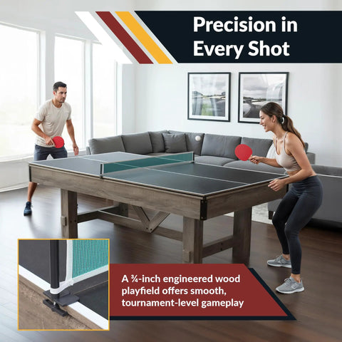 Two people playing table tennis on a 7 Foot Pool Table Combo With Benches Table Tennis And Dining Tops Billiards Set Ping Pong Ready.