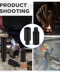 Two Inch Welding Table Fixture Pins Set, Twenty Pcs displayed near a welding setup with sparks and workers in protective gear