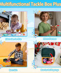 Multifunctional Tackle Box Plush with toddlers playing, displaying My First Tackle Box Plush Set For Toddlers With 10 Piece Sensory Plushies Including Nine Fish Plush And A Fishing Rod Plush A Cute Baby Toy Gift For Boys And Girls On Their First Birthday, shown in various activities.