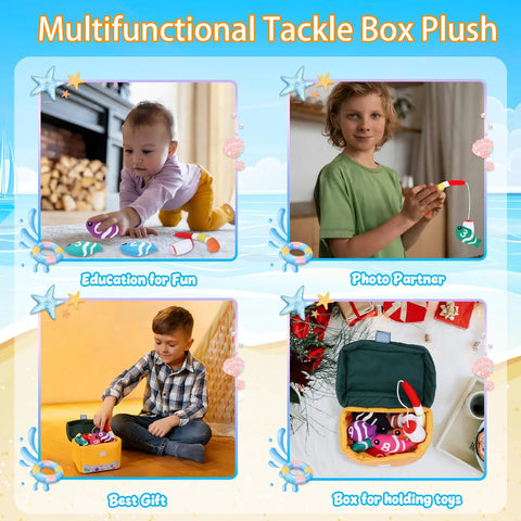 Multifunctional Tackle Box Plush with toddlers playing, displaying My First Tackle Box Plush Set For Toddlers With 10 Piece Sensory Plushies Including Nine Fish Plush And A Fishing Rod Plush A Cute Baby Toy Gift For Boys And Girls On Their First Birthday, shown in various activities.