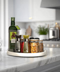 12 Inch Lazy Susan Spice Organizer Rotating Tray Set 5 Pack Non Slip Rimmed Edge On Kitchen Counter With Spices And Bottles