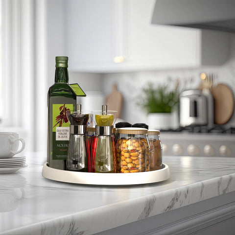 12 Inch Lazy Susan Spice Organizer Rotating Tray Set 5 Pack Non Slip Rimmed Edge On Kitchen Counter With Spices And Bottles