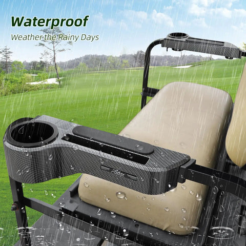 Golf Cart Rear Seat Armrests With Cup Holder And Phone Mount in rain on beige seats, easy install, UV ABS, no drilling, fits EZGO, Yamaha.