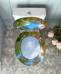 Toilet Seat Round Resin for Bathroom with colorful tree and sky design, installed above a floral tiled floor.