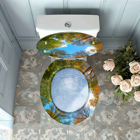 Toilet Seat Round Resin for Bathroom with colorful tree and sky design, installed above a floral tiled floor.