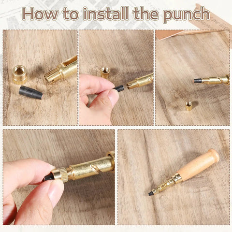 How to install the tips on the Slick Wooden Handle Bookbinding Tool With Six Interchangeable Tips for precise punching.
