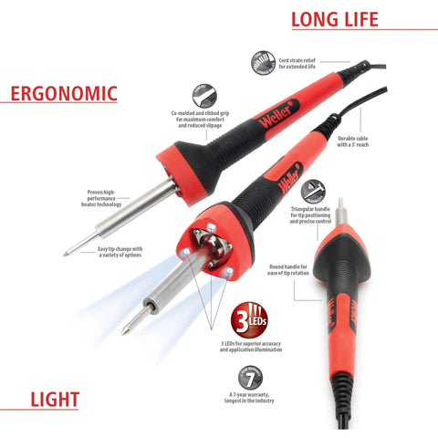80 Watt LED Soldering Iron With Three 5mm High Temperature LEDs at 25 Lumens Per Sq Ft for Superior Visibility, ergonomic soft grip