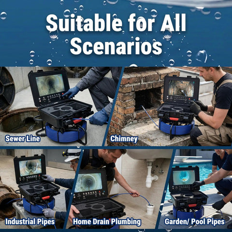 Self Leveling Sewer Borescope Camera With 9 Inch Screen 1080P HD Display IP68 Waterproof For Duct Pipe And Home Inspection Built In Light With 12 LED 32GB Card Included Transmitter Distance Counter No Hassle Setup 100ft Cable in sewer, chimney, pipe, and drain inspections